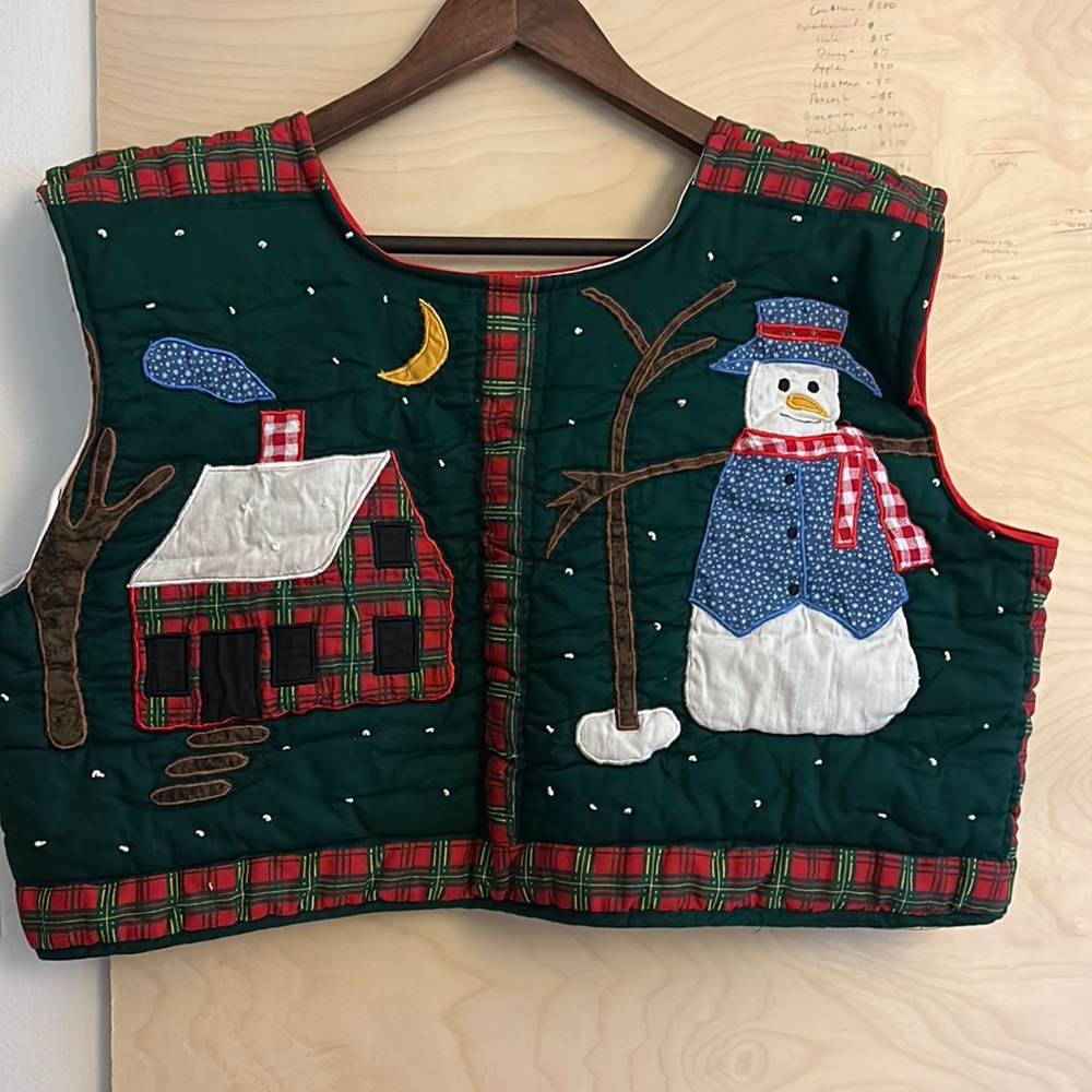 Cropped quilted vest popover holiday winter snow Christmas patchwork L OS